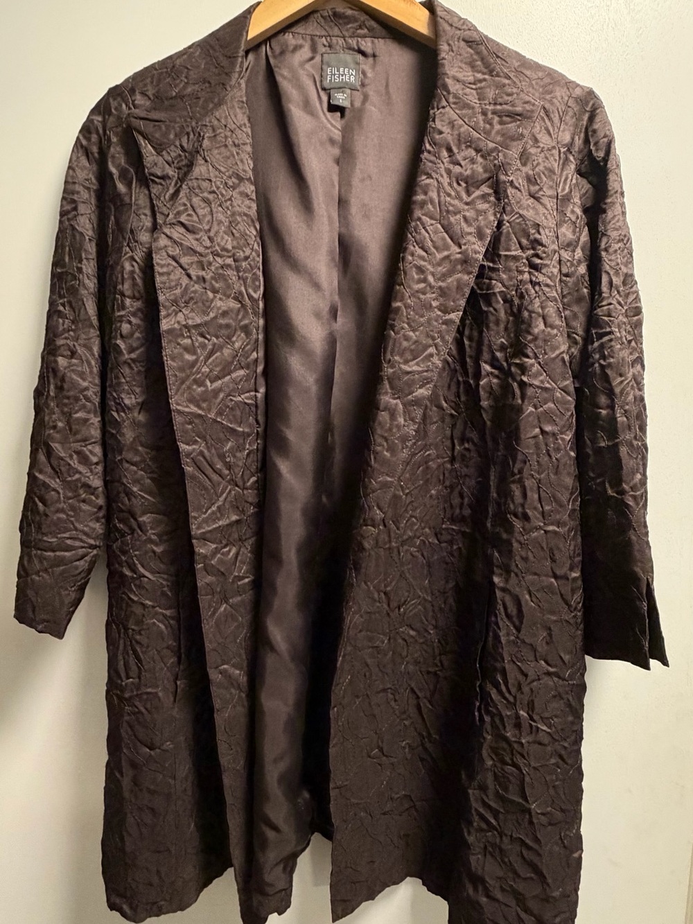 Eileen Fisher Silk Textured Chocolate Brown Open-Front Jacket sz small